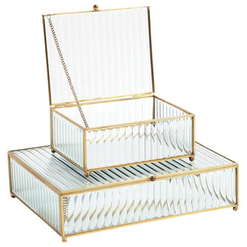 Vintage Style Ribbed Glass Decorative Box Reeded Gold Edge Elegant, 2-Piece Set