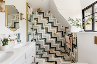 Inspiration for a mid-sized contemporary green tile ceramic tile, multicolored floor and double-sink wet room remodel in Dorset with furniture-like cabinets, gray cabinets, green walls, an undermount sink, white countertops and a freestanding vanity