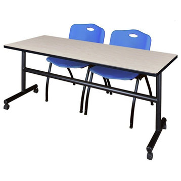 Kobe 72" Flip Top Mobile Training Table, Maple and 2 'M' Stack Chairs, Blue