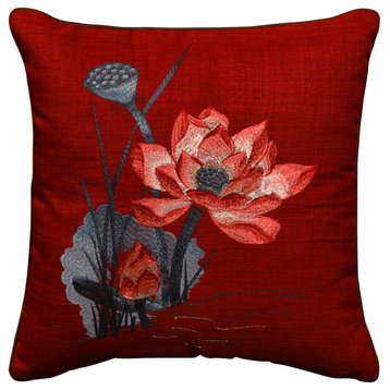 Red Chinese Linen Lotus Flower Embroidered Pillow