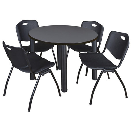 Kee 42" Round Breakroom Table- Grey/ Black & 4 'M' Stack Chairs- Black