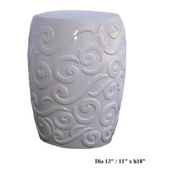 White Porcelain Scroll Pattern Round Stool - Accent And Garden Stools