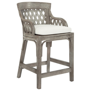 24" Counter Stool With Brown Stained Wood Rattan Frame Finish ASM, Gray