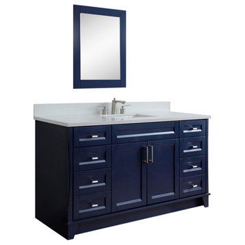 61" Single Sink Vanity, Blue Finish And White Quartz And Rectangle Sink