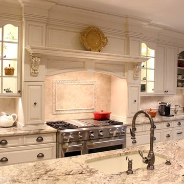 Traditional Mediterranean Off White & Brown Kitchen with custom wood hood