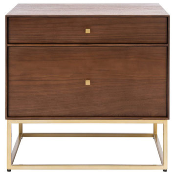 Elegant Nightstand, 2 Spacious Drawers With Square Golden Brass Knobs, Walnut