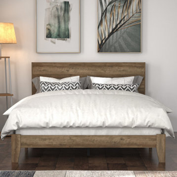Layton Wood Frame Queen Platform Bed with Headboard, Knotty Oak