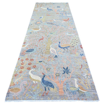 Berry Blue Birds Paradise Peshawar Wool Hand Knotted Wide Runner Rug 4'1"x11'10"