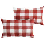 Mozaic Company - Stewart Red Buffalo Plaid XL Lumbar Pillow, Set of 2 - This wide checkered, white and red buffalo plaid pattern will add the perfect traditional accent to your d��_cor. Use this set of two oversized outdoor lumbar pillows as a way to enhance the decorative quality of any seating area. With a classic buffalo plaid pattern, these pillows add an eye-catching and elegant touch wherever they are used. The exteriors are UV and fade resistant to maintain the attractive look and feel through long-term outdoor use. The 100 percent recycled fiber fill ensures a soft and supportive experience to maximize comfort.