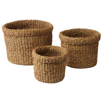 Set of 3 Woven Sea Grass Storage Baskets Round 14 12 10 in Natural Spa Towel