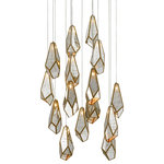 Currey & Company - Glace Round  15-Light Multi-Drop Pendant - The faceted shades of the Glace Round 15-Light Multi-Drop Pendant are made of panes of Raj mirror joined with seams of metal in a brass finish. The organic shape of the shades and the fact they hang at differing heights brings this mirrored pendant added personality that will make it a piece of jewelry in a space. This fixture is among Currey & Company's introduction of cluster lights, which includes 1-light up to 36-light configurations.