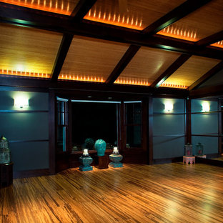 オマハの大きいコンテンポラリースタイルのおしゃれなヨガスタジオ (黄色い床) の写真