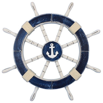 Rustic Decorative Ship Wheel With Anchor, Dark Blue, 18"
