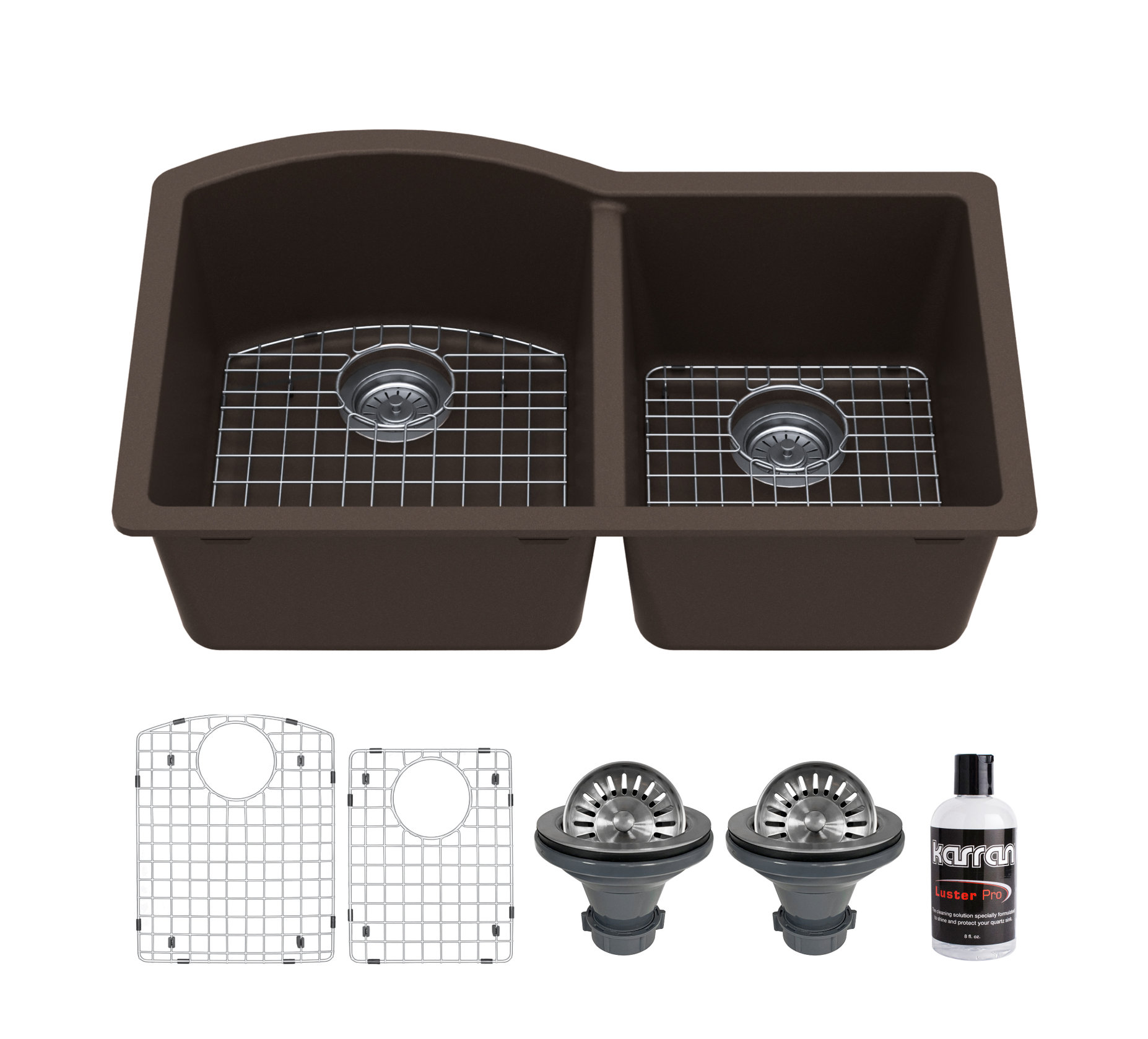 Karran Undermount Quartz 32" 60/40 Double Bowl Kitchen Sink Kit, Brown