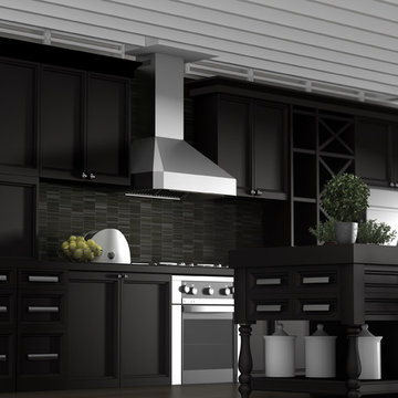 A black kitchen featuring a ZLINE 455 Stainless Steel Wall Range Hood