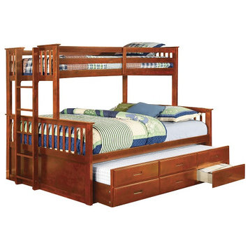 Shelton Twin over Queen Bunk Bed with Trundle, Warm Oak