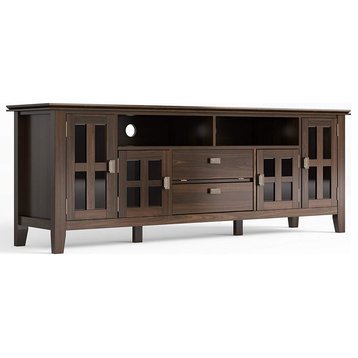 Contemporary TV Stand, Storage Glass Doors and Open Compartments, Tobacco Brown