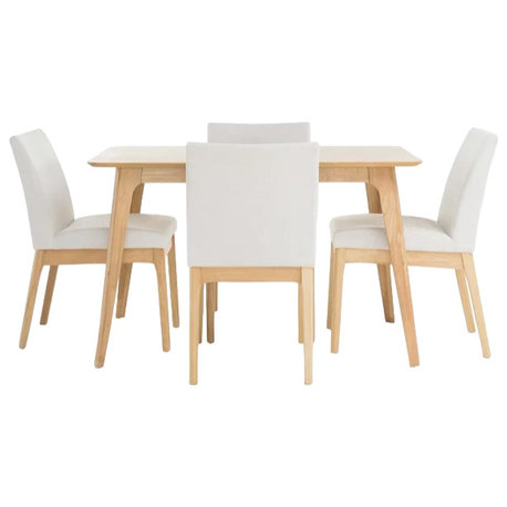 5-Piece Mid-Century Dining Set in Natural Oak with Beige Cushioned Chairs