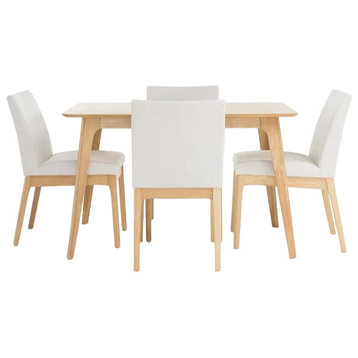 5 Pieces Retro Dining Set, Large Table & Padded Chairs, Light Beige/Natural Oak