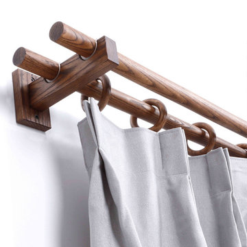 QYT04 1-1/8" Ash Wood Black Walnut Square bracket Single Double Curtain Rod Sets