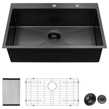 Black Stainless Steel Single Bowl Drop-In Kitchen Sink with Drain Assembly , Gun