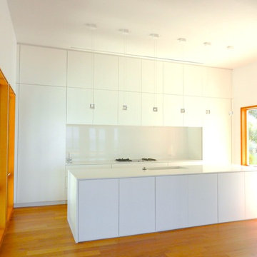White on White Slab Kitchen Cabinets