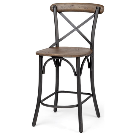 Etienne 26.25" Seat Height Brown Wood Seat Black Metal Base Stool