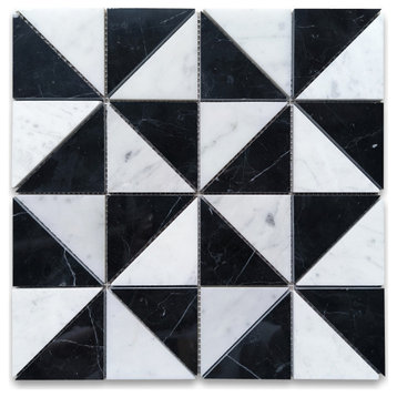 Carrara White Nero Marquina Black Marble Windmill Triangle Mosaic Tile, 1 sheet