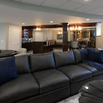 Basement Family Room with Wine Cellar and Game/TV Areas