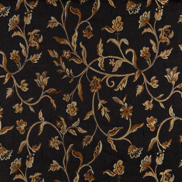 Midnight Gold And Ivory Embroidered Floral Brocade Upholstery Fabric By The Yard