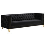 Meridian Furniture - Michelle Fabric Upholstered Chair, Gold Iron Legs, Black, Velvet, Sofa - Upholstered in soft black velvet, this Michelle sofa is sumptuously glamorous. Designed for upscale living, this chair features rich gold nail head trim and gold iron legs that keep it grounded in contemporary beauty. Tufted material covers every inch of this unit, and button tufting ensures that the unit stays plump and comfortable and holds up well to continual use. Pair it with other items in the collection for a cohesive look.