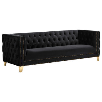 Michelle Fabric Upholstered Chair, Gold Iron Legs, Black, Velvet, Sofa