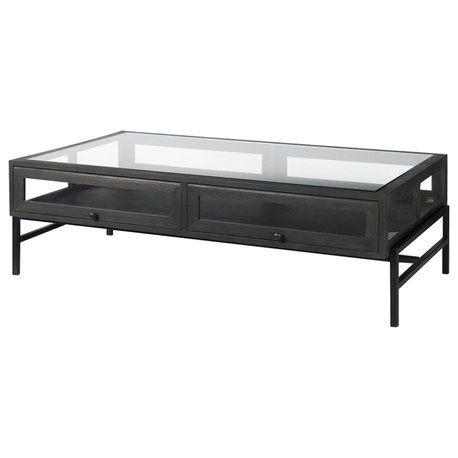 Arelius Glass-Top Black-Brown Wood With Black Metal Base Display Coffee Table