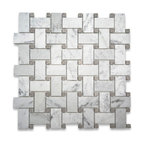 Carrara White Marble 1x2 Basketweave Mosaic Tile Gray Dots Honed, 1 sheet