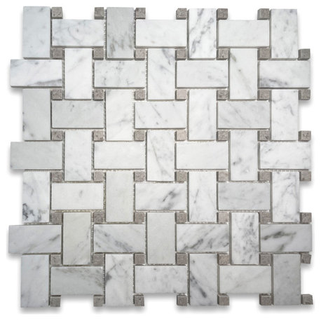 Carrara White Marble 1x2 Basketweave Mosaic Tile Gray Dots Honed, 1 sheet