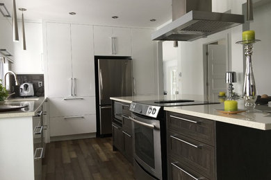 Design ideas for a mid-sized contemporary galley eat-in kitchen in Montreal with a double-bowl sink, flat-panel cabinets, white cabinets, soapstone benchtops, beige splashback, stone slab splashback, stainless steel appliances, dark hardwood floors, with island and brown floor.