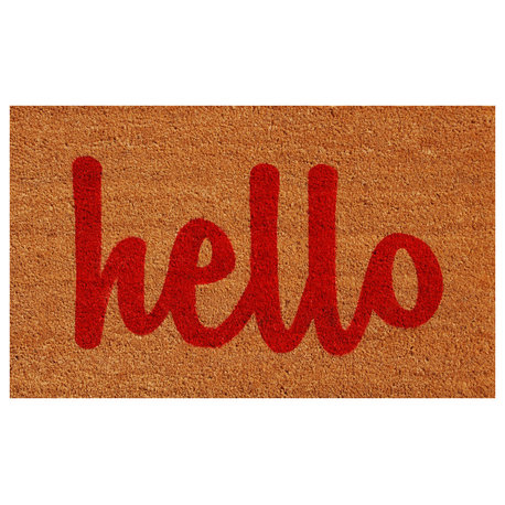 Hello Doormat Natural/Red Script, 24"x36"