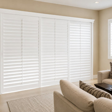 Coastal Contemporary Living Room with Crisp White Plantation Shutters