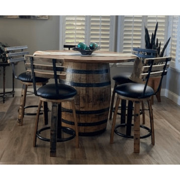William Sheppee Whiskey Barrel 36" Counter Height Comes With 5 Barstools, Black Genuine Leather