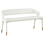 Meridian Furniture - Destiny Upholstered Bench, White, Vegan Leather - Enjoy extra seating space in your home with this Destiny white leather bench. Its soft, white leather upholstery offers coziness while sitting, ensuring you and your guests are always comfortable. A rounded, open back provides additional comfort as well as style. Gold tipped upholstered legs give this bench an extra touch of style that complements any contemporary living space. Its long length guarantees that you'll always have extra space to seat family and friends who visit.