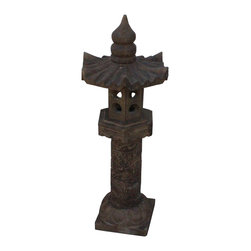 Chinese Gray Brown Dragon Phoenix Round Tower Stone Garden Lantern - Garden Statues And Yard Art