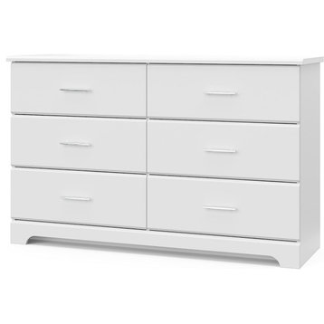 Contemporary Double Dresser, 6 Storage Drawers With Metal Handles, White