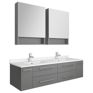 Lucera Wall Hung Double Undermount Sink Vanity With Medicine Cabinets, Gray, 60"