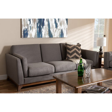 Retro Modern Sofa, Rich Walnut Base With Gray Polyester Seat & Padded Armrests