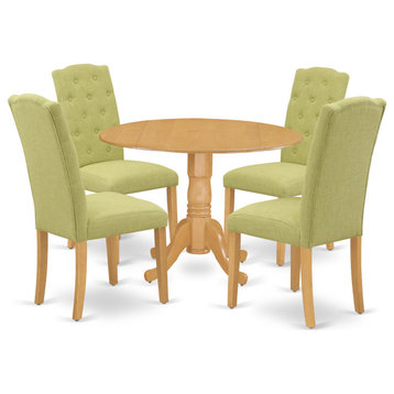 5Pc Dining Set, Small Round Table, Drop Leaves, Four Chairs, Oak