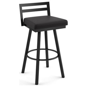 Amisco Derek Swivel Counter and Bar Stool, Charcoal Black Faux Leather / Black Metal, Counter Height