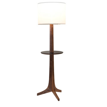 Nauta Floor Lamp, Brushed Brass, Walnut, White Linen/Black Hpl Top Surface, Matching Wood Shelf With Black Hpl Top Surface
