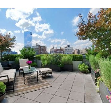 NYC Terrace Deck: Roof Garden, Pavers, Outdoor Seating, Container Plants, Rug