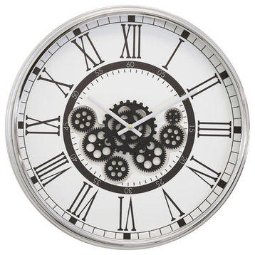 Yosemite Home Decor 22" Metal Clock with Open Moving Gears in Black/White
