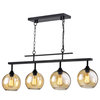 4-Light Antique Black Linear Kitchen Island Chandelier With Amber Glass Sconces
